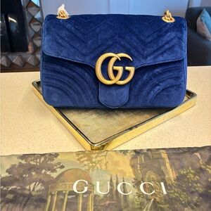BRAND NEW! Royal Blue Velvet Gucci Marmont. Flawless!